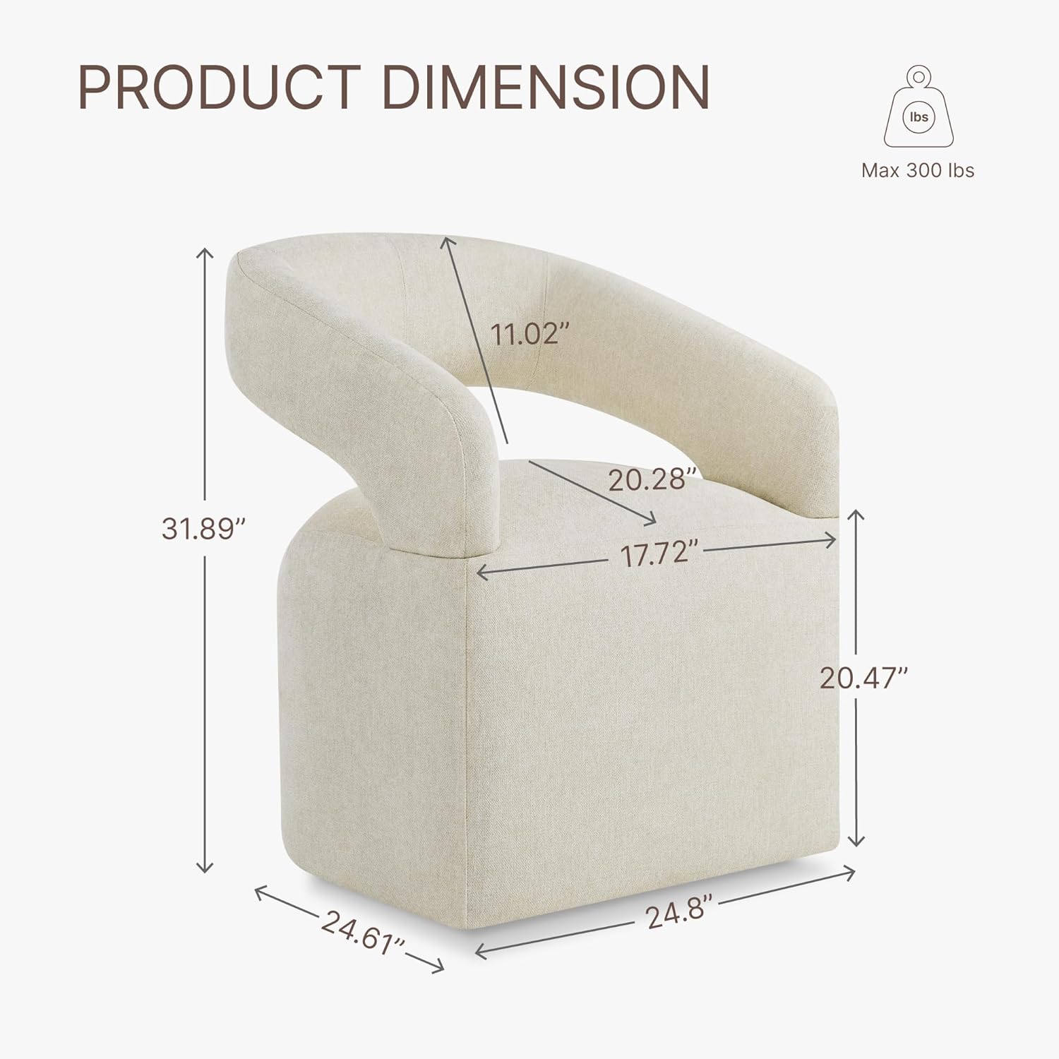 KISLOT Upholstered Dining Chairs Set of 1, Modern Arm Kitchen & Dining Room Chairs with Hidden Casters, Linen Fabric Padded Rolling Chairs, Sturdy Wood Frame, 300 lbs Capacity, Cream Beige