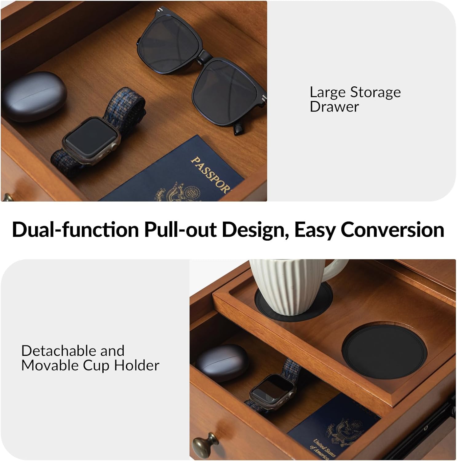 HULALA HOME Side Table with Drawers and Charging Station, Modern End Table with USB Ports and Outlets, Wooden Night Stand with Storage for Couch,Living Room&Bedroom(Acorn