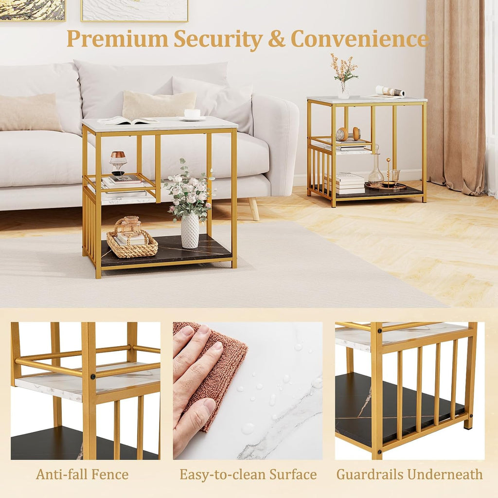 GOFLAME Faux Marble End Table, 3-Tier Sofa Side Table with Storage Shelves, Golden Polished Steel Frame, Black & White Faux Marble, Rectangular, Modern Nightstand for Living Room, Bedroom