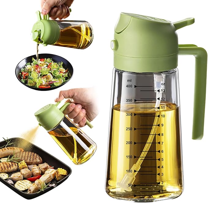 TrendPlain 16oz/470ml Glass Olive Oil Sprayer for Cooking – 2 in 1 Olive Oil Dispenser Bottle for Kitchen Gadgets and Air Fryer Accessories, Salad, BBQ - Green