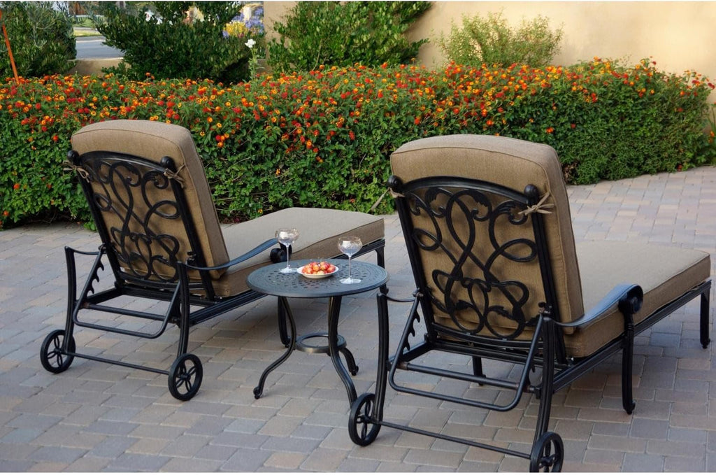 Darlee Santa Monica 3 Pc Cast Aluminum Chaise Lounge Set w/ 24 Inch Table & in Antique Bronze/Sesame