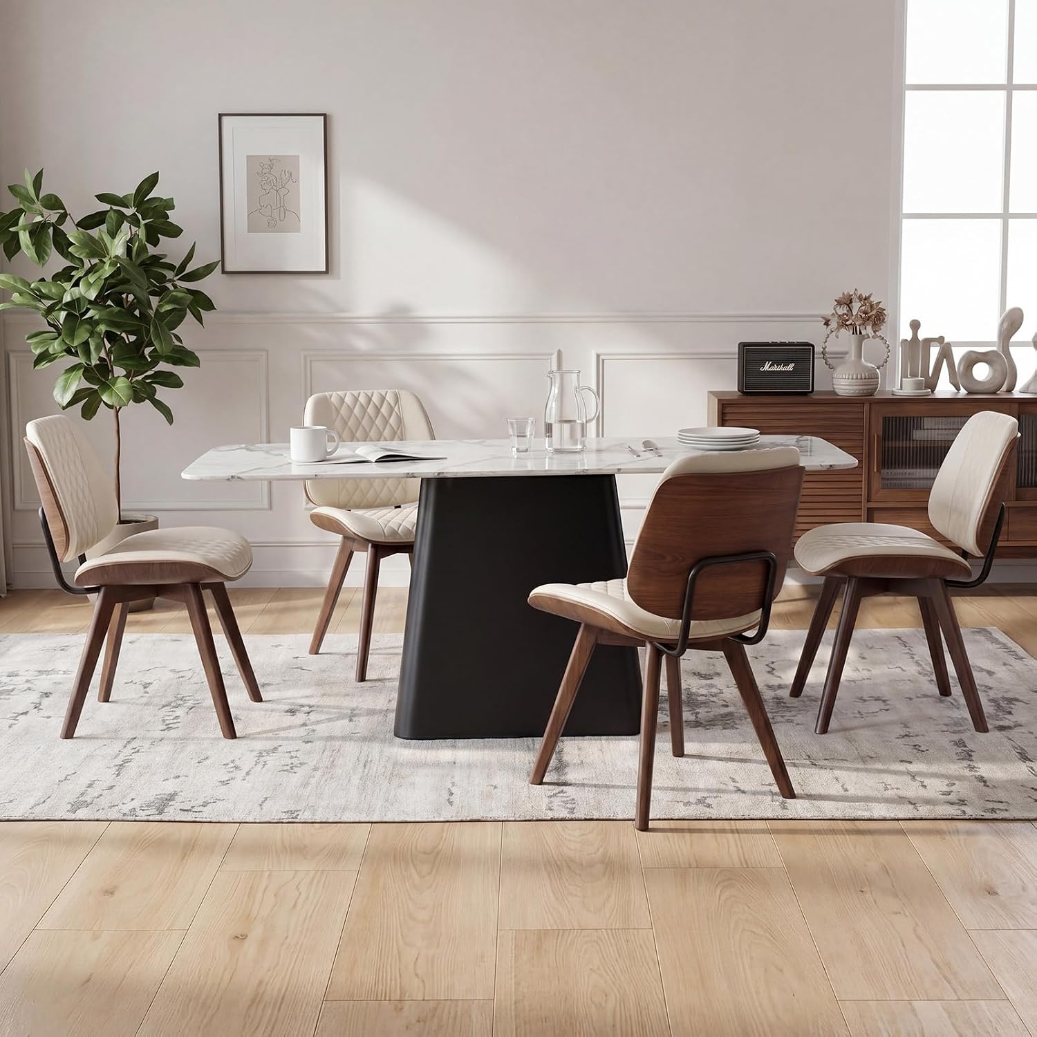BV Dining Chairs Set of 2, PU Leather Armless Kitchen Chair in Modern Walnut Style, Mid Century Bentwood Side Chair with Wood Legs, Retro Accent Guest Chair for Kitchen Dining Room(Beige)