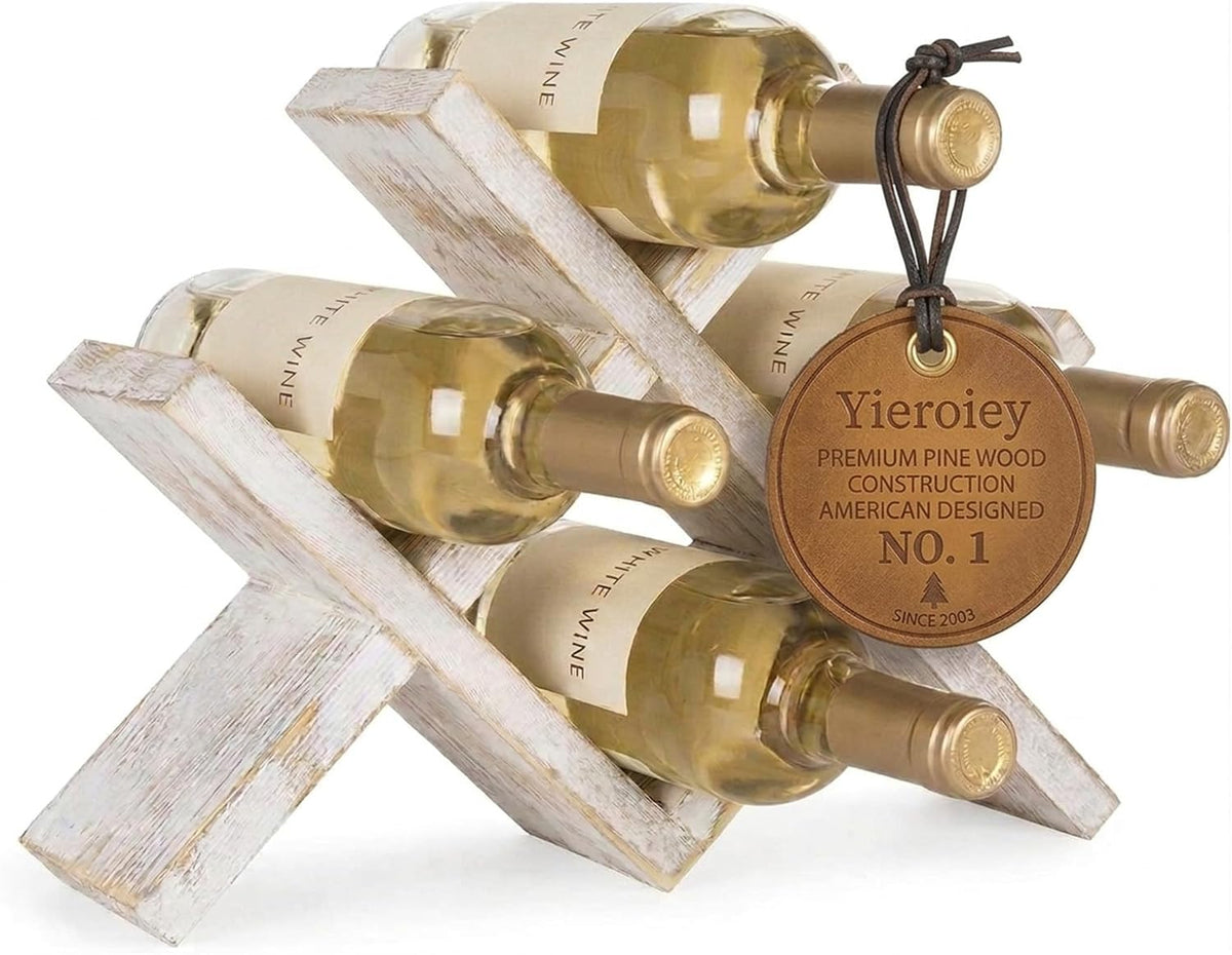 Premium Pinewood Wine Rack, Elegant 4-Bottle Countertop Wine Holder with Cross Design, Sustainable Natural Wood Wine Storage for Modern Homes, Bars & Kitchens (White)