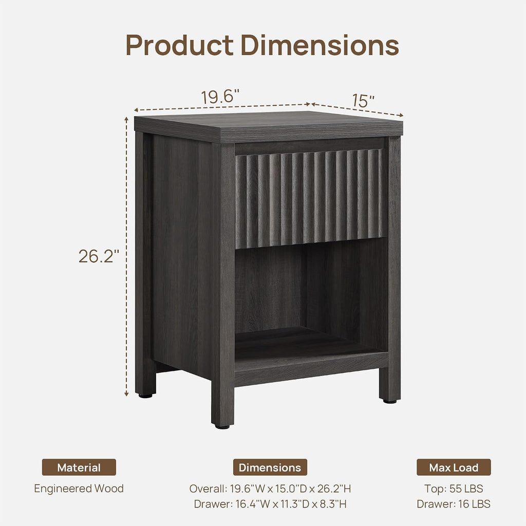 SICOTAS Fluted Night Stand Set of 2, Modern Nightstands with Drawer | Farmhouse Bedside Table with Storage Shelf, Large End Tables Bed Side Tables for Bedroom, Black Oak