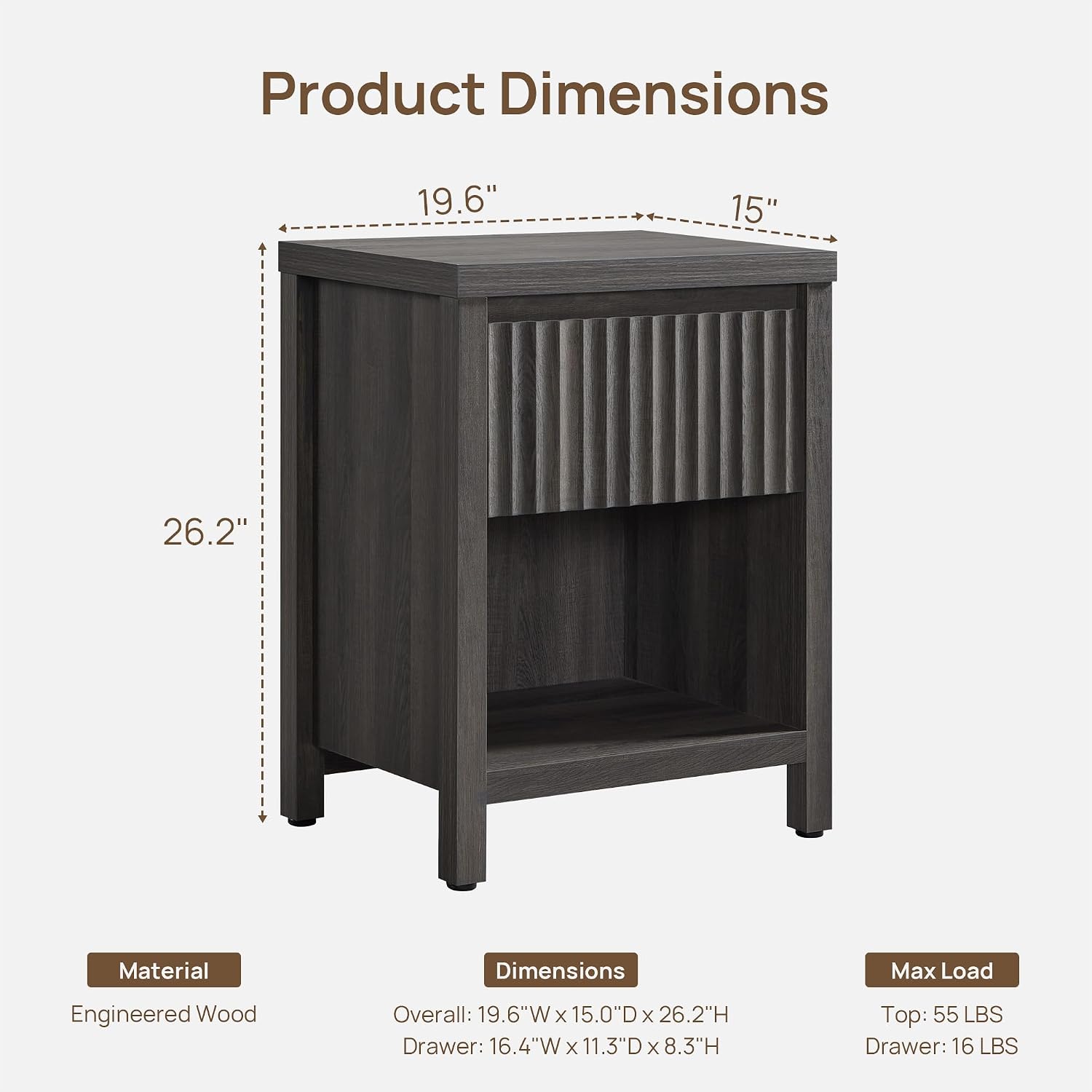 SICOTAS Fluted Night Stand Set of 2, Modern Nightstands with Drawer | Farmhouse Bedside Table with Storage Shelf, Large End Tables Bed Side Tables for Bedroom, Black Oak