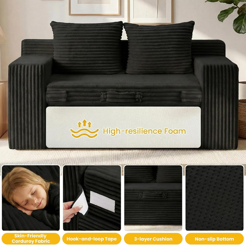 Couch, Loveseat Sleeper Sofa Bed – 3-in-1 Convertible Couch Bed with Side Pockets & Handle,Pull Out Corduroy Futon for Small Space,Living Room & Bedroom,2 Pillows Included,No Assembly