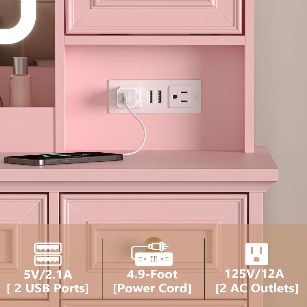 HUANLEGO Farmhouse Makeup Vanity Desk with Mirror and LED Lights, Pink | Vanity Mirror with Lights Desk for Women, Makeup Table Set with RGB Cabinet and 6 Drawers, Charging Station, 3 Light Modes