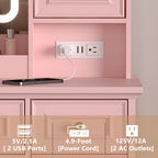 HUANLEGO Farmhouse Makeup Vanity Desk with Mirror and LED Lights, Pink | Vanity Mirror with Lights Desk for Women, Makeup Table Set with RGB Cabinet and 6 Drawers, Charging Station, 3 Light Modes