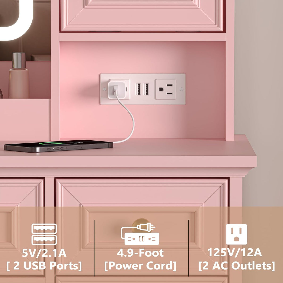 HUANLEGO Farmhouse Makeup Vanity Desk with Mirror and LED Lights, Pink | Vanity Mirror with Lights Desk for Women, Makeup Table Set with RGB Cabinet and 6 Drawers, Charging Station, 3 Light Modes