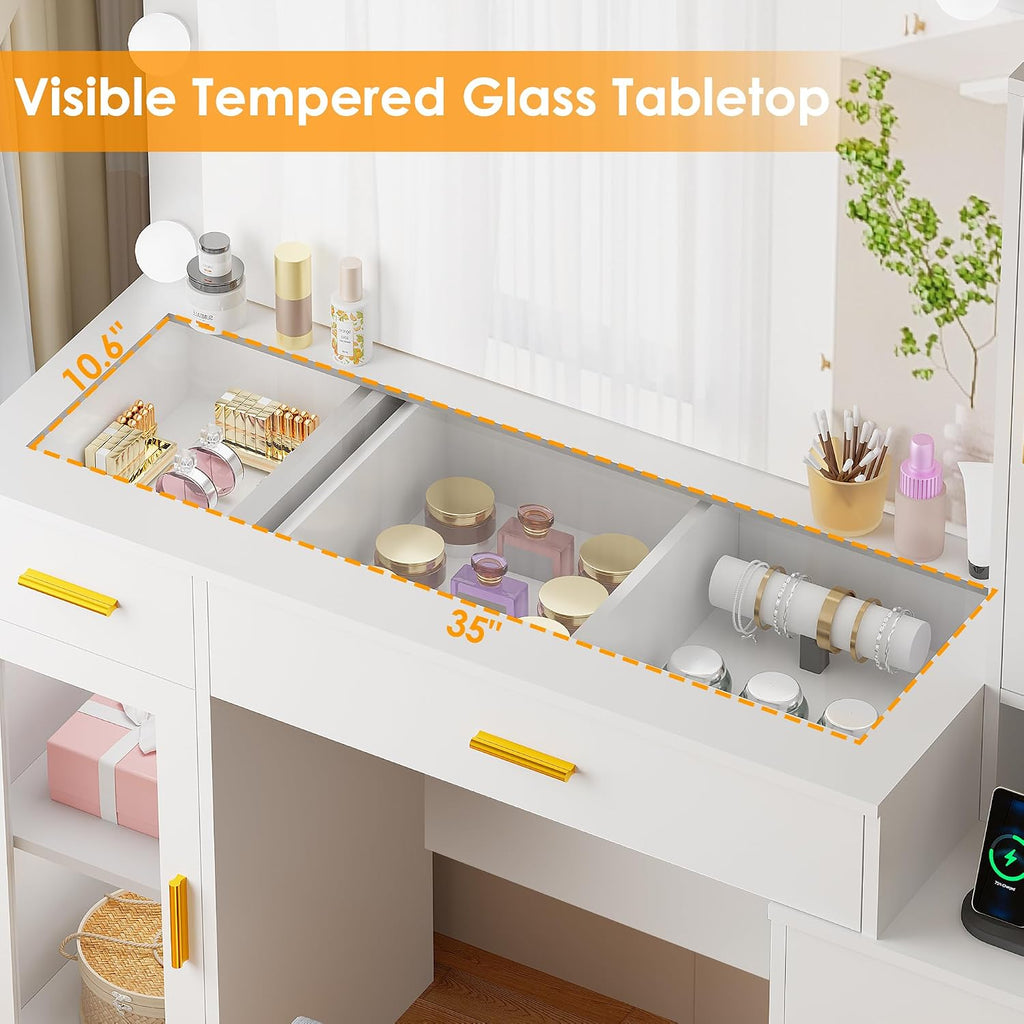 BEWISHOME 49.2" Large Glass Top Vanity Desk with Lighted Mirror and Stool | White Makeup Vanity table with Nightstand,Power Outlet,5 Storage Drawers,3 Lighting Modes,Dressing Table for Bedroom Women