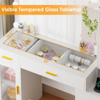 BEWISHOME 49.2" Large Glass Top Vanity Desk with Lighted Mirror and Stool | White Makeup Vanity table with Nightstand,Power Outlet,5 Storage Drawers,3 Lighting Modes,Dressing Table for Bedroom Women