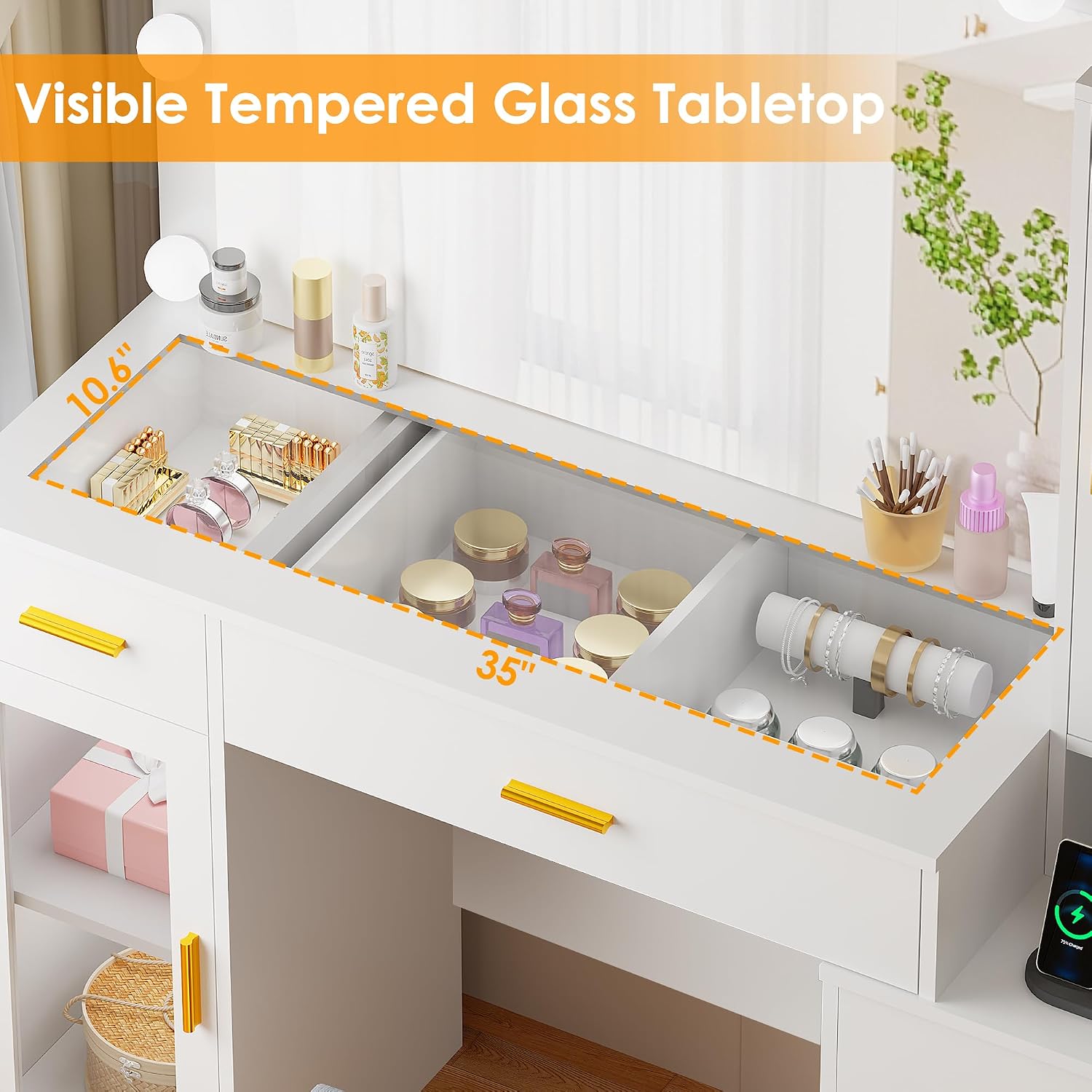 BEWISHOME 49.2" Large Glass Top Vanity Desk with Lighted Mirror and Stool | White Makeup Vanity table with Nightstand,Power Outlet,5 Storage Drawers,3 Lighting Modes,Dressing Table for Bedroom Women