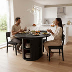 43.3''–59'' Extendable Round Dining Table for 4–8, Modern Wood Oval Kitchen Table with Storage Shelf, Space-Saving Expandable Circle Dinner Table for Dining Room or Living Room (Black)