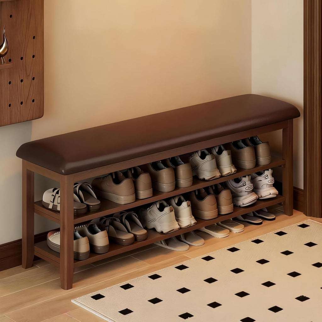 Shoe Bench Storage with Leather Cushion, Rustic Solid Wood Entryway Bench with 2 Height-Adjustable and Removable Shelves for Hallway, Living Room, Mudrooms (Dark Brown,39.4")