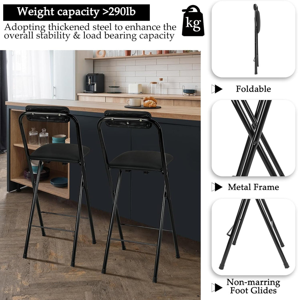 Thyle 1 Pcs Folding Bar Stool with Backrest Counter Height Seat,29.5 Inch | Tall Foldable Design for Kitchen Island Cafe Dining, Portable Space-saving, Leather Padded Seat Back, Metal Frame