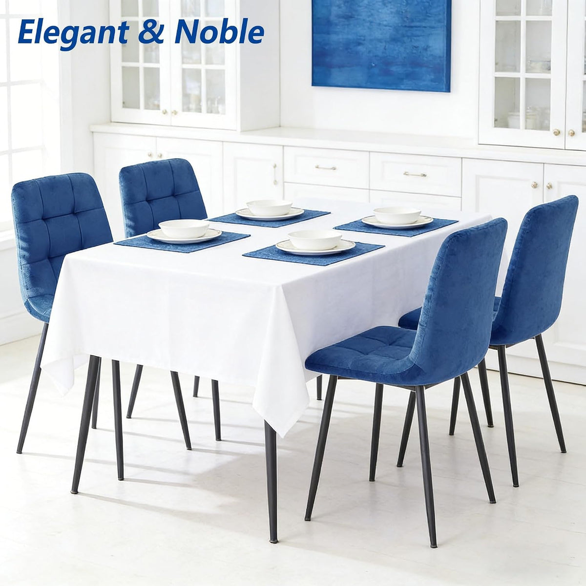 Velvet Dining Chairs Set of 4, Mid Century Upholstered Blue Dining Chairs Tufted Upholstered Kitchen Chairs Set of 4 for Dining Room, Bedroom, Living Room (Blue, Set of 4)