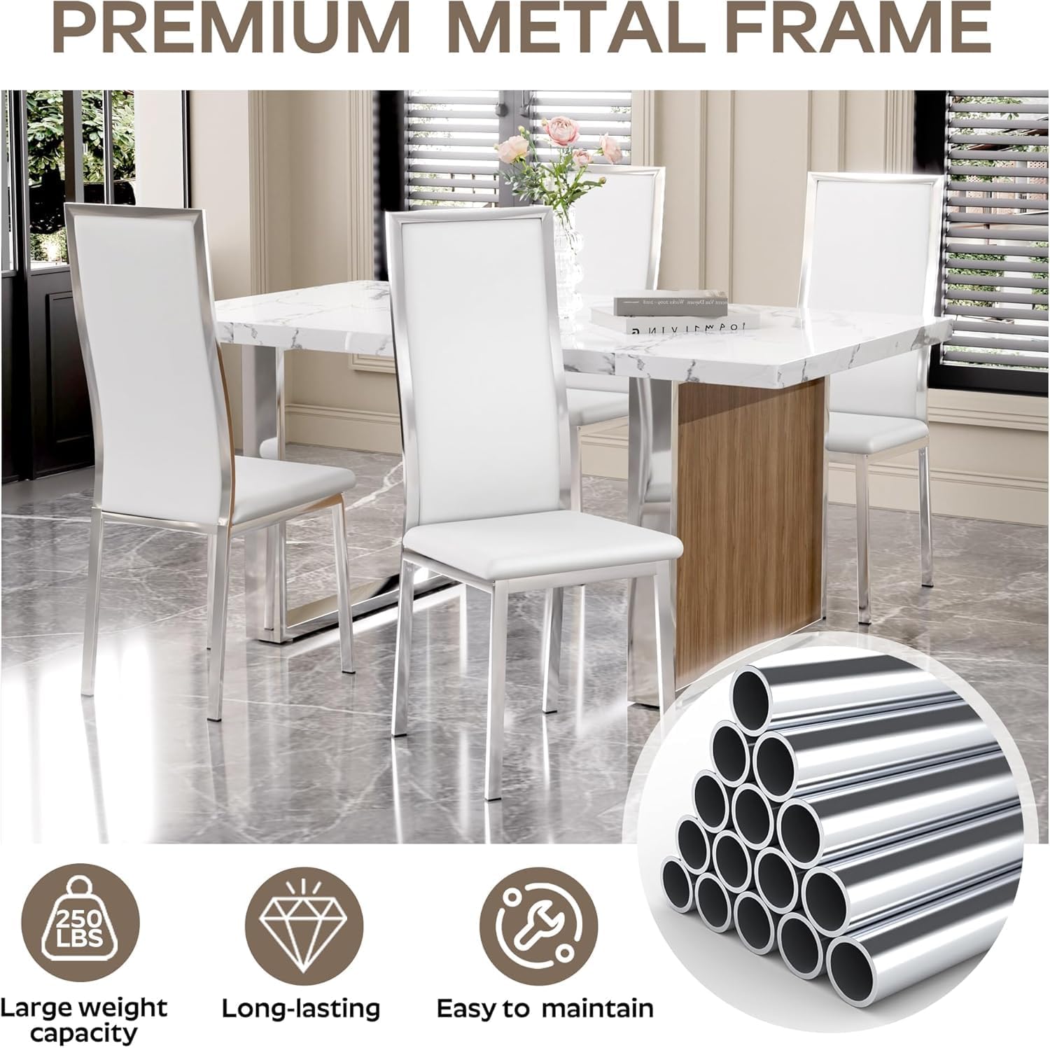 Modern Dining Chairs Set of 6, White Faux Leather with Chrome Silver Metal Legs, Curved High Back Design & Cloud Cushioning, Mid-Century Kitchen Chairs with Non-Slip Feet (Easy Assembly)