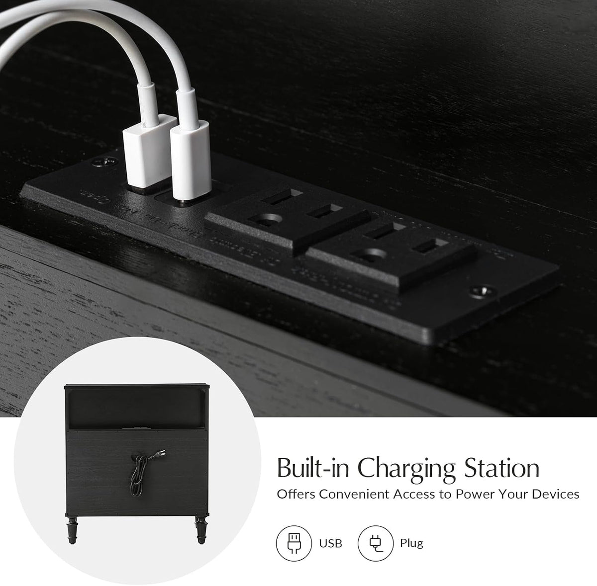HULALA HOME 3 Drawer End Table with Charging Station, 26" Wide Endtable with Solid Wood Legs and Curved Profile, Classic Side Table for Living Room, Black