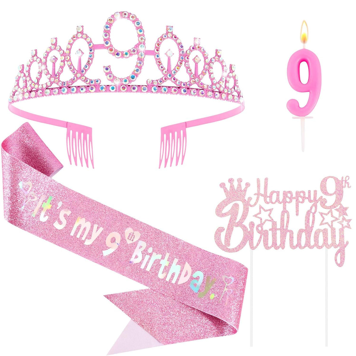 9th Birthday Party Decorations Set for Girls- Pink Crown, Glitter Sash, Number 9 Candle & Cake Topper Kit for Birthday Celebrations Party Supplies Gift