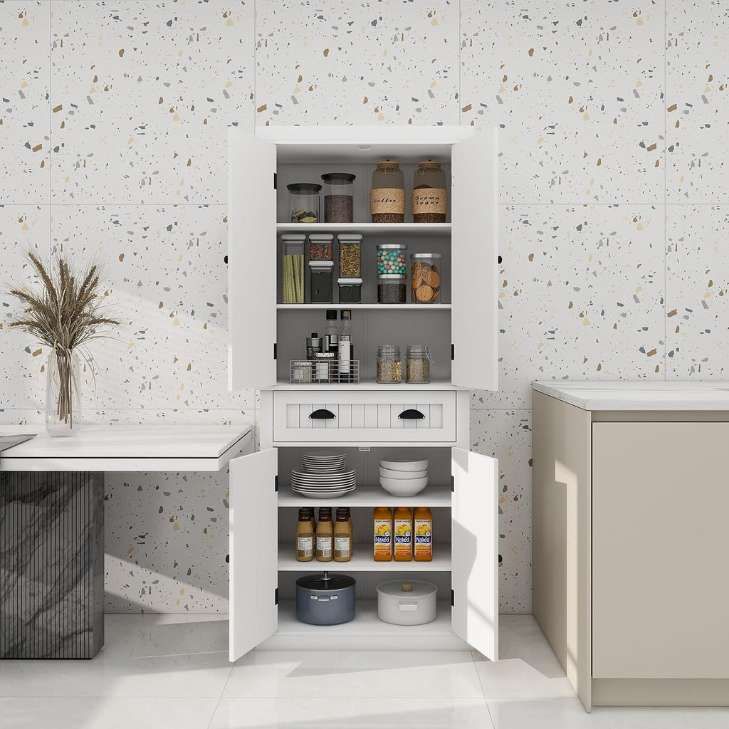 71.61" Kitchen Pantry Cabinet, Tall Storage Cabinet with 4 Doors and 1 Drawer, Freestanding Wood Kitchen Cabinet Cupboard with Adjustable Shelves for Kitchen, Dining Room, Living Room, White A