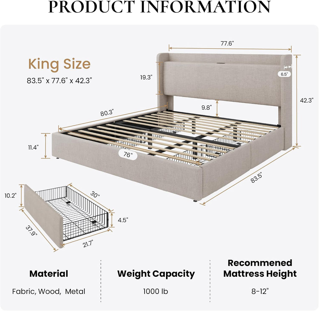 SHA CERLIN King Size Storage Bed Frame with 4 Oversized Drawers, Modern Wingback Headboard with Storage Shelf & Charging Station, No Box Spring Needed, Easy Assembly, Beige