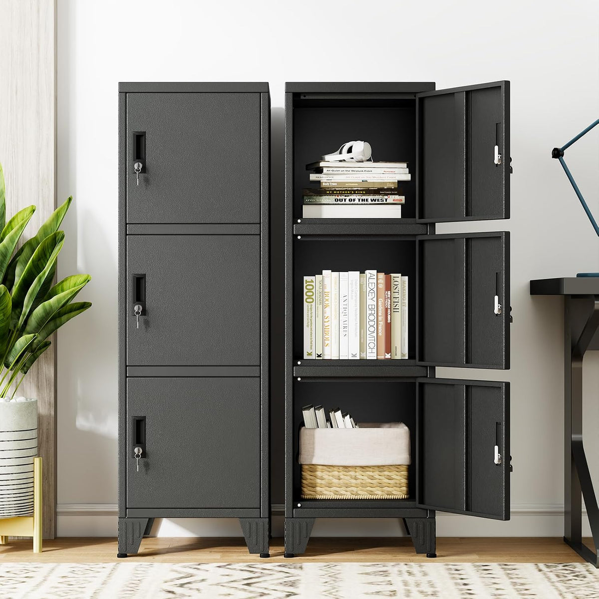 Metal Lockers for Employees-3 Doors Storage Locker with Shelves and Lockable Steel Cabinet for School,Gym,Office,Staff,Assembly Required,Black