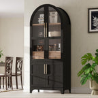 Hassyee Arched Kitchen Pantry Cabinet with Door Shelves, Farmhouse Kitchen Storage Cabinet with Open & Adjustable Shelves, Hidden Drawer & Glass Door, Cupboard for Kitchen, Dining Room (Black)