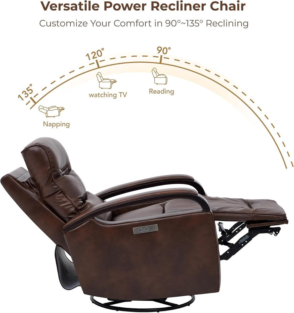 CHITA Genuine Leather Power Swivel Glider Rocker Recliner, Cognac Brown