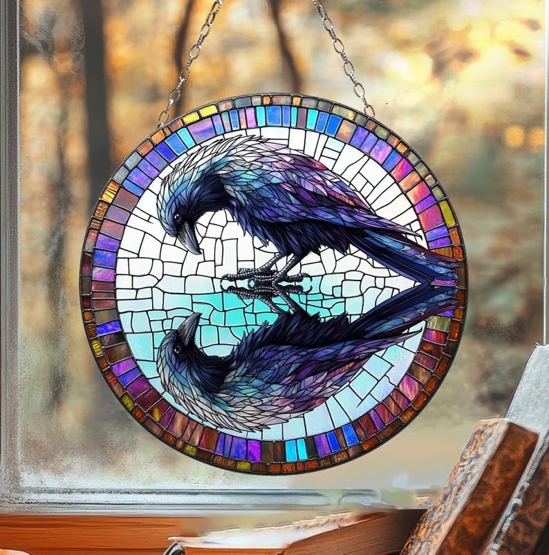 Raven Reflection Acrylic Suncatcher, Gothic Crow Window Hanging for Halloween and Dark Academia Decor