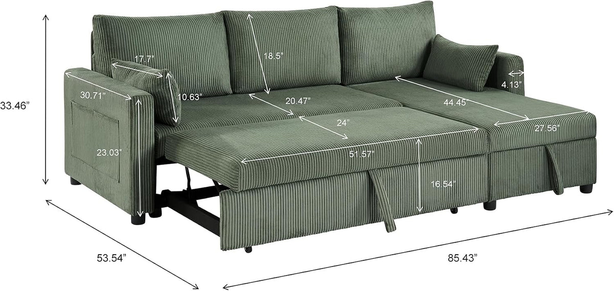 Ball & Cast 86" Sectional Sleeper Sofa Bed Pull Out Couches for Living Room | L Shaped Convertible Pull Out Sofa Bed with Reversible Storage Chaise and Side Pocket, 3-Seat Sofa for Small Space Apartment