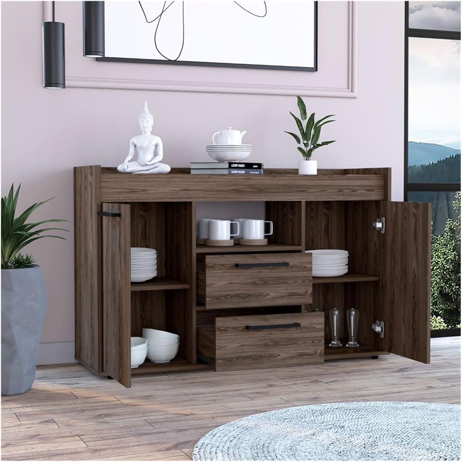 2-Drawer Sideboard Dark Walnut,Large Capacity Dining Cabinet,for Kitchen