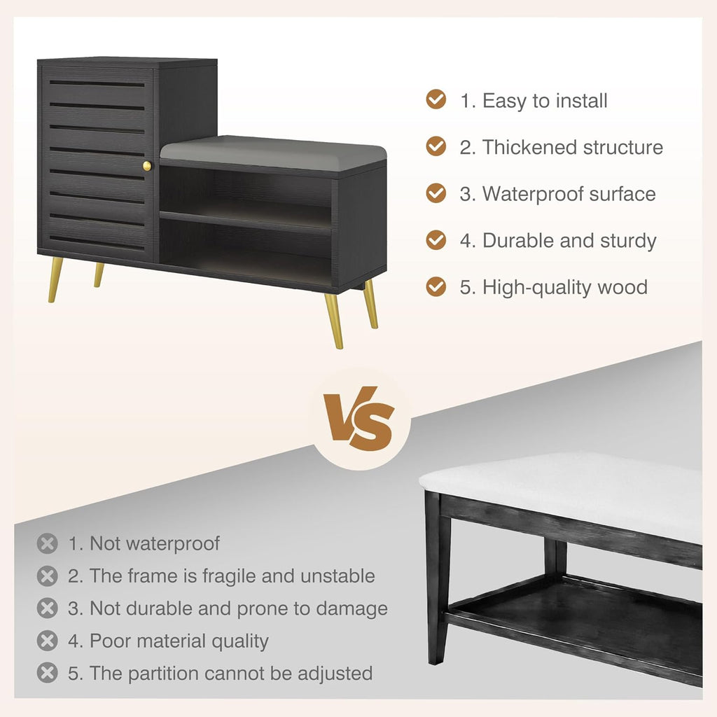 VECELO Shoe Storage Bench with Door&Shelf, Entryway Bench with Seat Cushion, for Hallway, Bedroom, Living Room, L-Shaped, Black