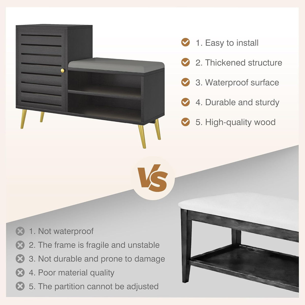 VECELO Shoe Storage Bench with Door&Shelf, Entryway Bench with Seat Cushion, for Hallway, Bedroom, Living Room, L-Shaped, Black
