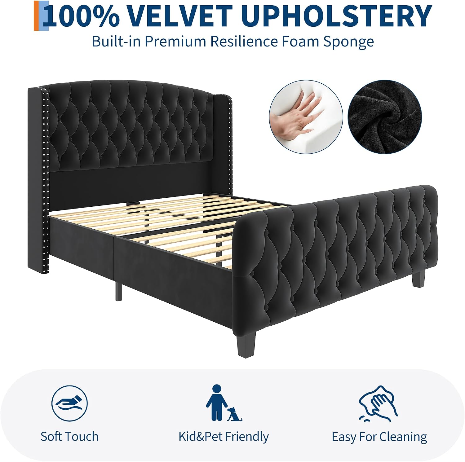 GarveeHome 51" Tall Queen Size Bed Frame with Wingback Headboard, Black