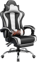 Yaheetech Gaming Chair with Footrest Massage Lumbar Pillow Black and White | Foam-padded PU leather racing seat and plush headrest recline with a slide-out footrest; metal frame supports up to 300 lb.
