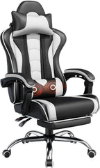 Yaheetech Gaming Chair with Footrest Massage Lumbar Pillow Black and White | Foam-padded PU leather racing seat and plush headrest recline with a slide-out footrest; metal frame supports up to 300 lb.