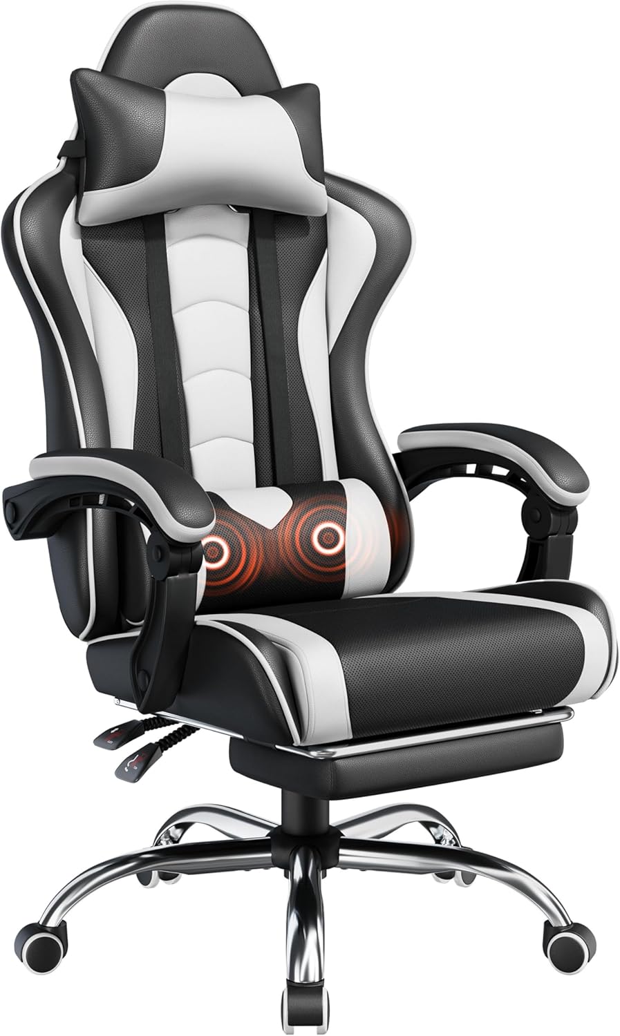 Yaheetech Gaming Chair with Footrest Massage Lumbar Pillow Black and White | Foam-padded PU leather racing seat and plush headrest recline with a slide-out footrest; metal frame supports up to 300 lb.