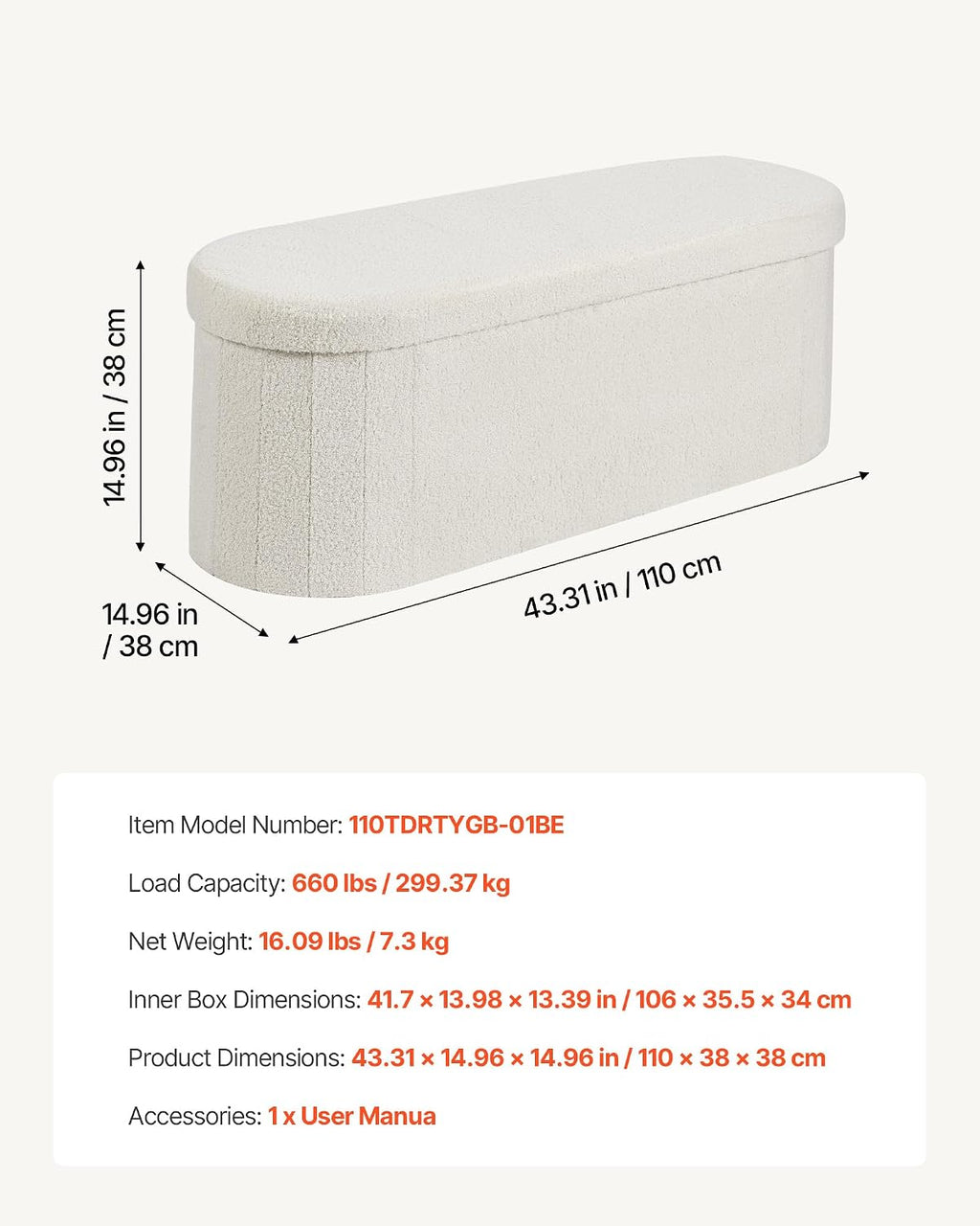 VEVOR Oval Storage Ottoman Bench, Foldable Teddy Fleece End of Bed Bench, Folding Upholstered Bed Ottoman Chest with Large Storage Space, Supports 660 lbs, for Living Room, Bedroom, Entryway, Beige