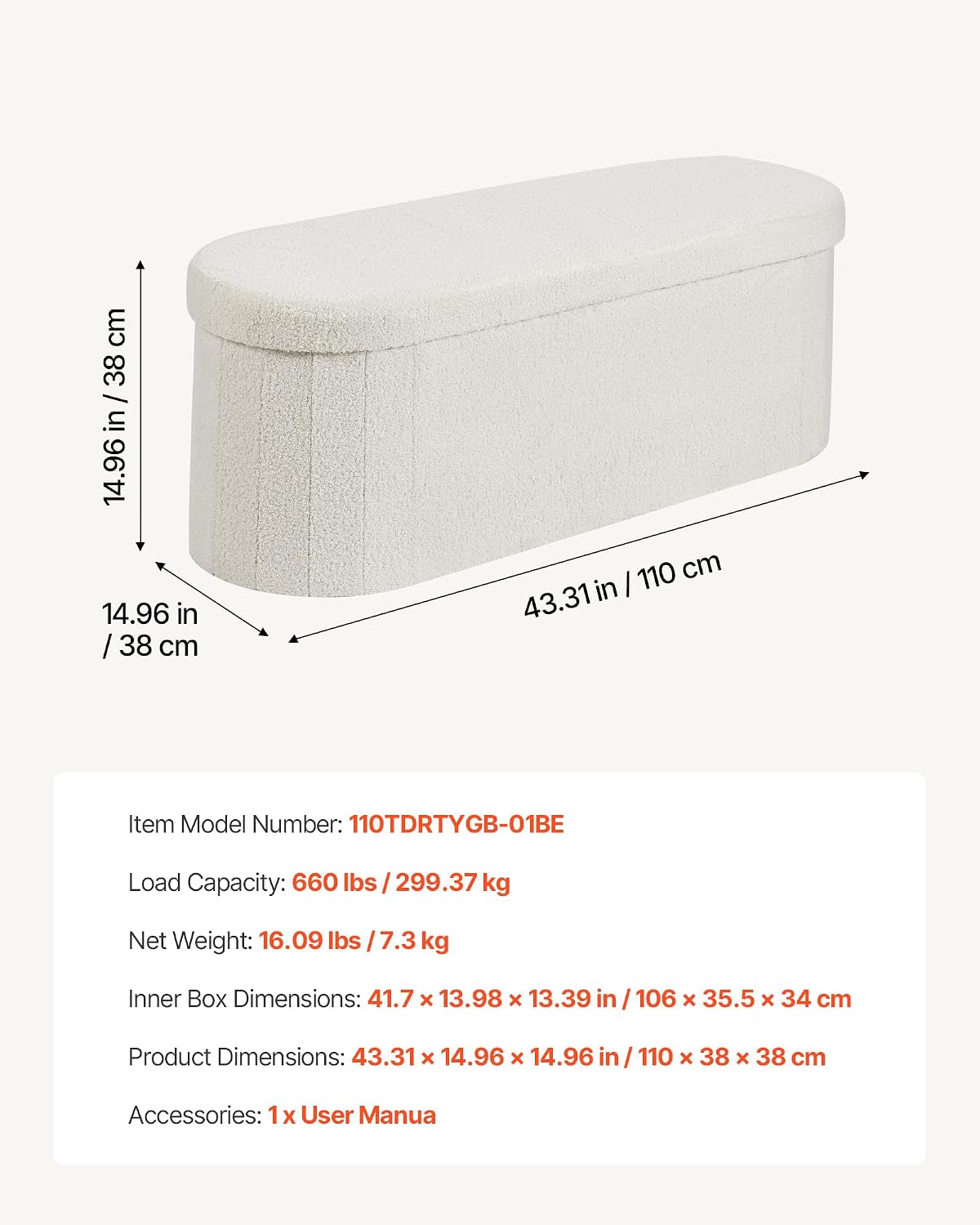 VEVOR Oval Storage Ottoman Bench, Foldable Teddy Fleece End of Bed Bench, Folding Upholstered Bed Ottoman Chest with Large Storage Space, Supports 660 lbs, for Living Room, Bedroom, Entryway, Beige