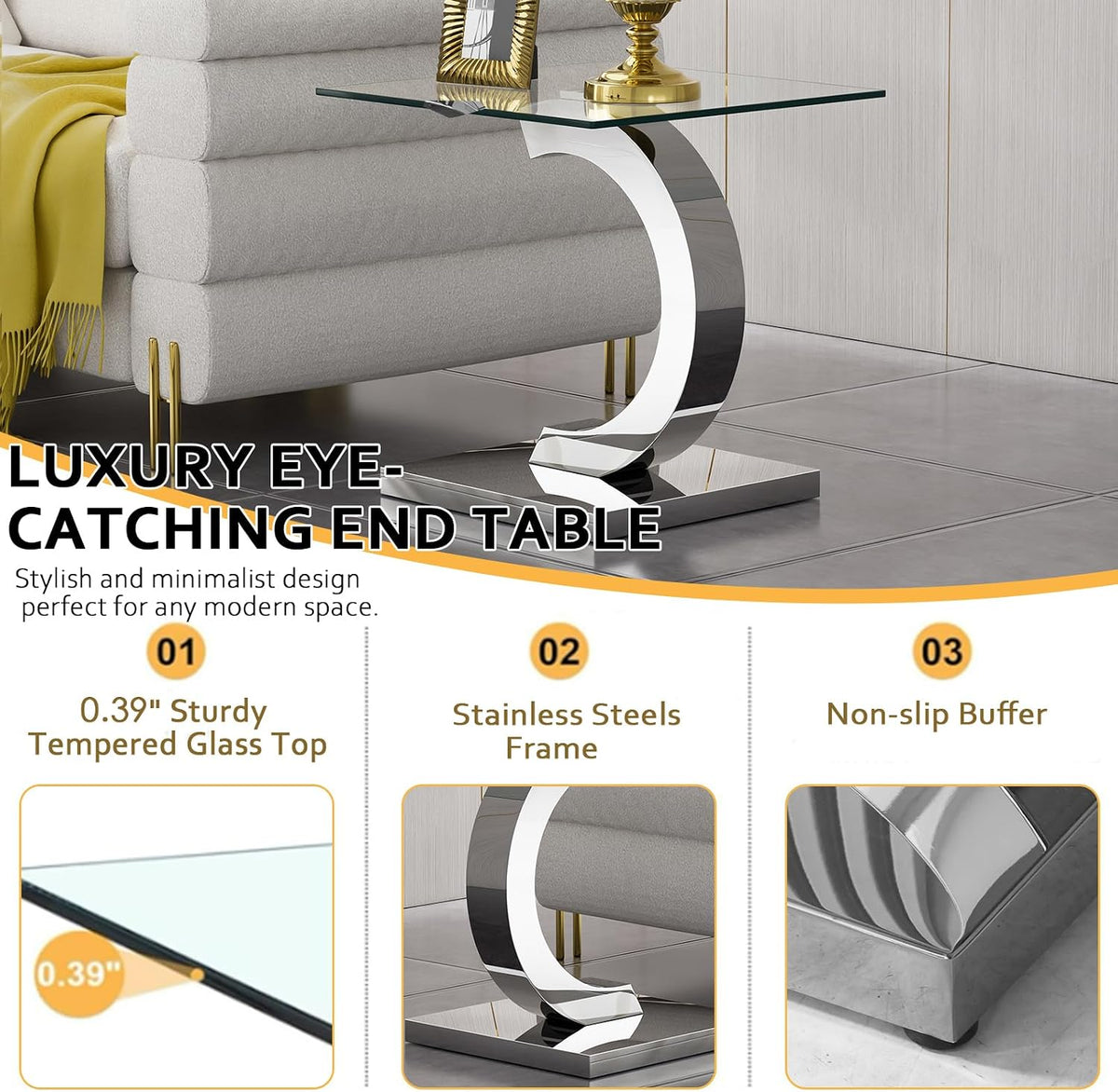 Modern Glass End Table Small Silver Side Table with Gorgeous Stainless Steel Base Square Glass Nightstand End Table Small Bedside Table Couch Sofa Table for Living Room Bedroom
