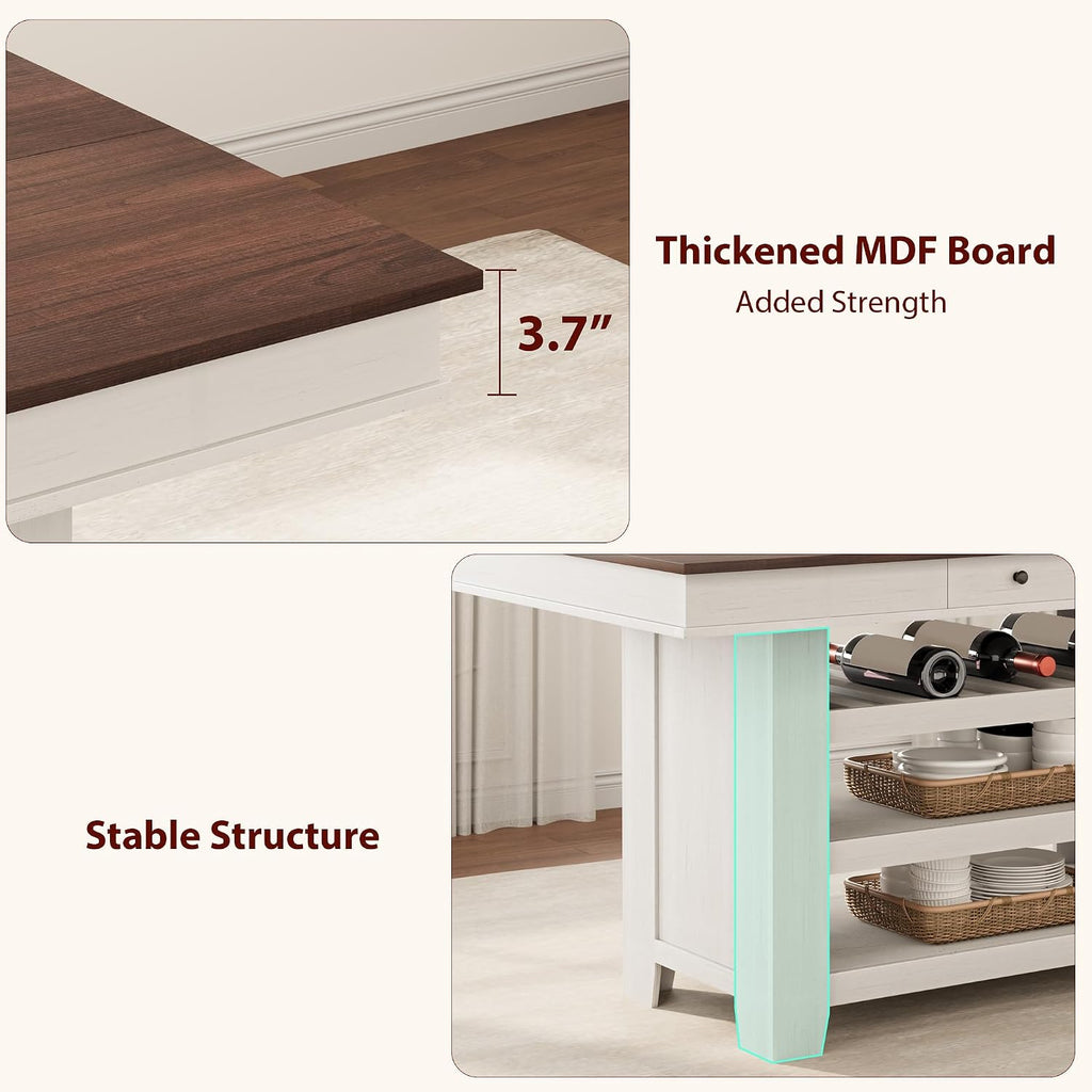 Garvee Counter Height Dining Table with 2 Drawers, 36" Farmhouse Wooden Large Bar Kitchen Table with Wine Rack & 3 Shelves, Rectangular, Thick Frame for Kitchen, Bar & Entertaining, Retro White Brow
