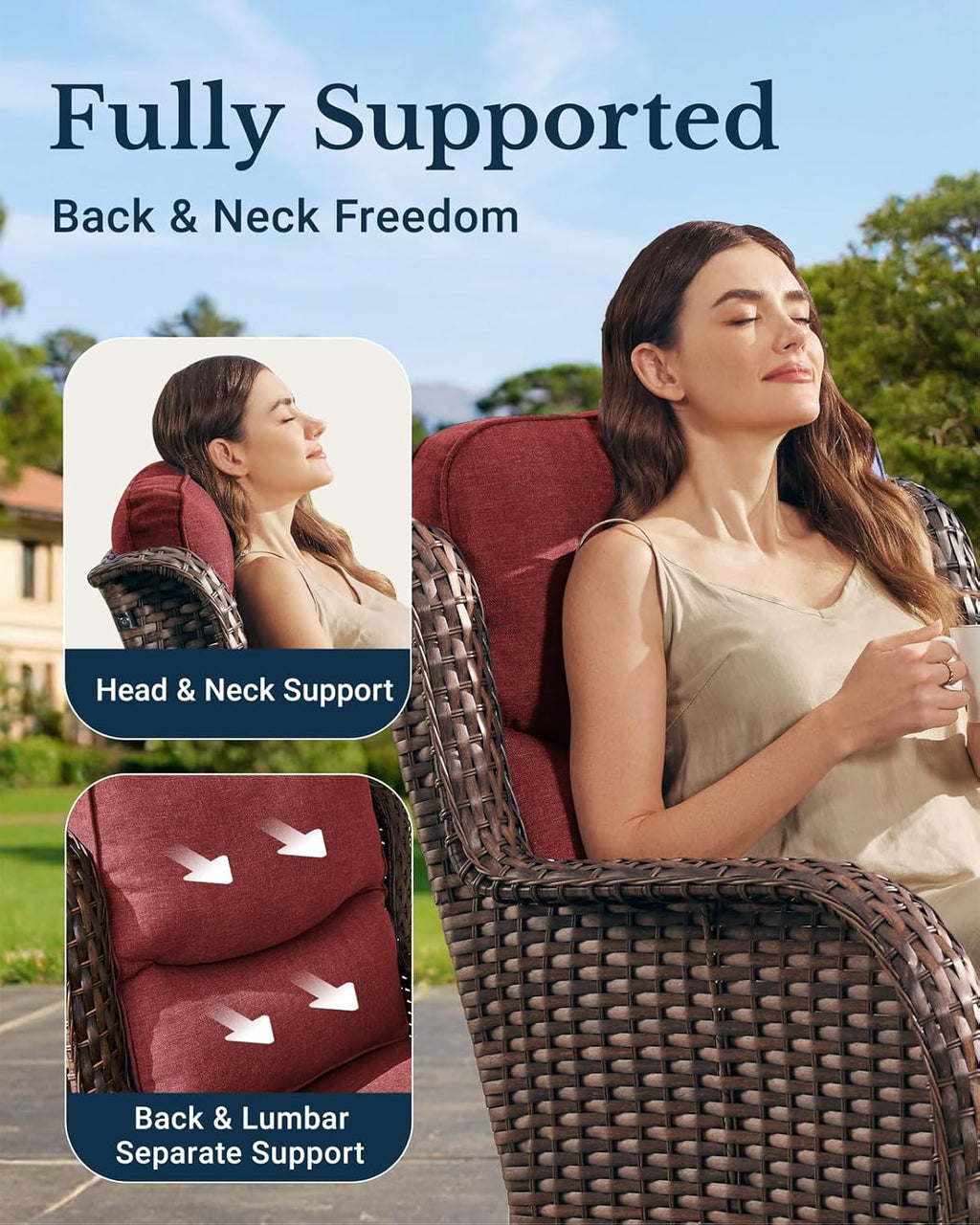HILLGA Luxury 5 PCS Outdoor Swivel Rocker Patio Chairs of 2 with Side Table | 6 Inch Thick Cushions, All Weather Outdoor Chairs High Back Wicker Patio Furniture Set for Porch and Deck, Burgundy