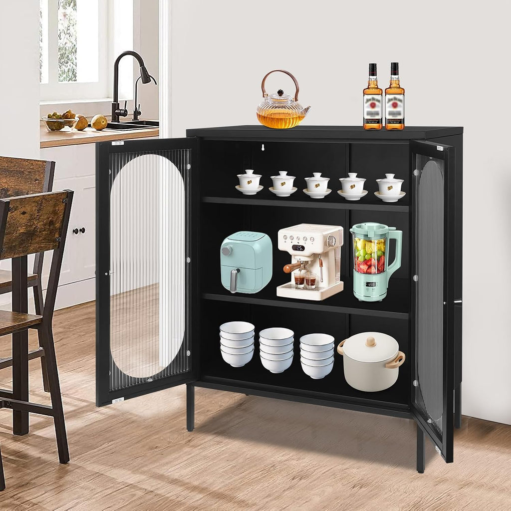 Xuthusman 3 Tier Floor Storage Cabinet, Freestanding Storage Unit with Adjustable Shelves, Magnetic Doors Kitchen Accent Cabinet Kitchen Organizers and Storage for Bathroom（Black）