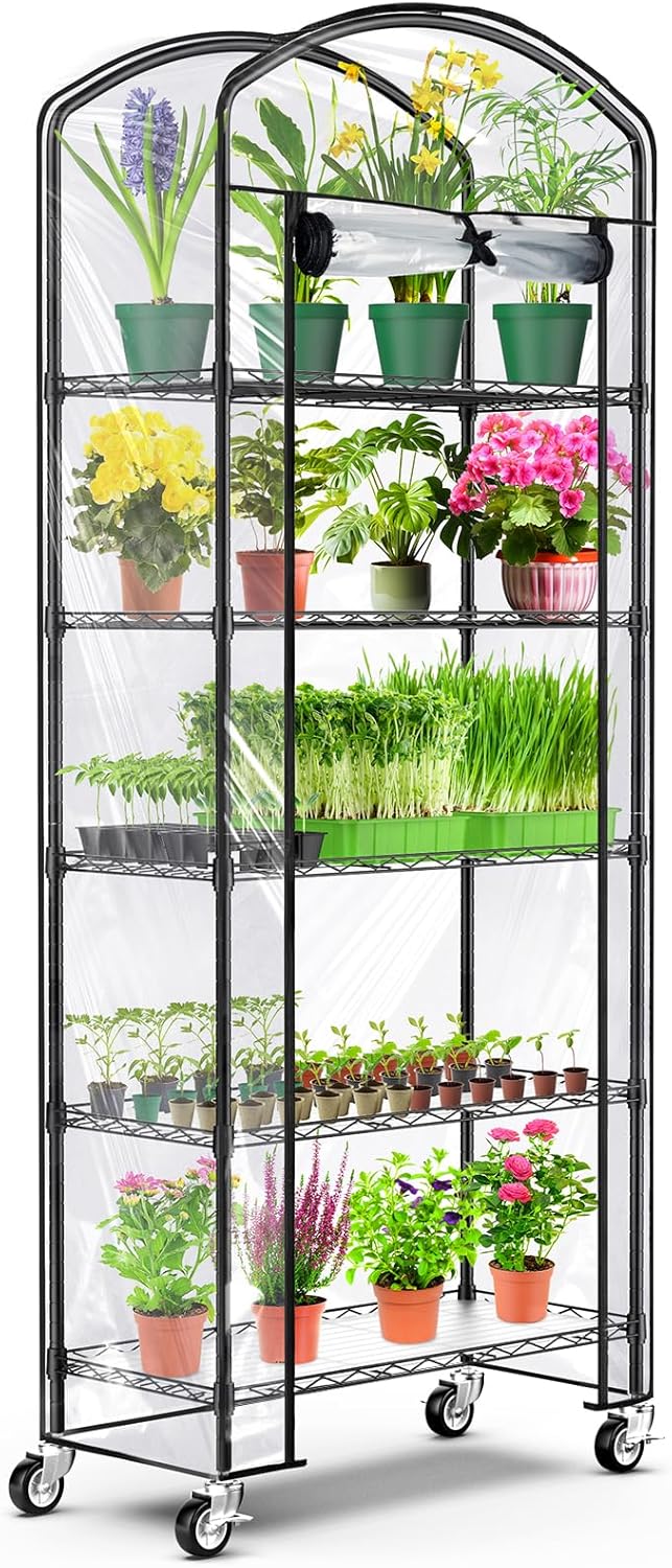 Abimars 5-Tier Greenhouse with Caster Wheel, Each Shelf Height Adjustable Metal Plant Shelf with PVC Cover for Seed Starting Trays, Seedling Pots, Plant Pots, 13x29x73inch