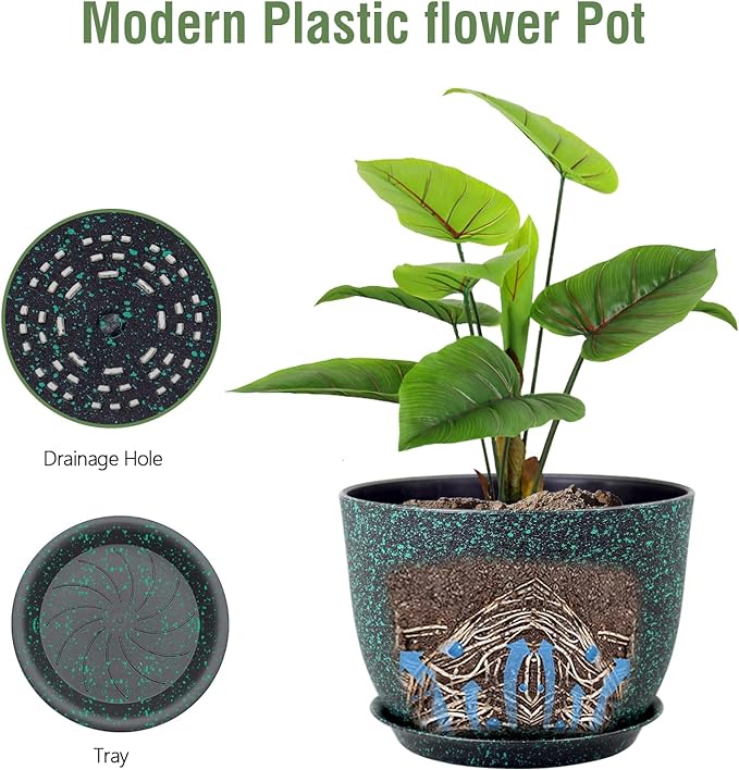 12 inch Large Plant Pots, Plastic Planters with Drainage Holes and Saucers, Flower Pots for Indoor Outdoor Plants, Decorative Pots for Garden House Plants, Black with Green Speckles