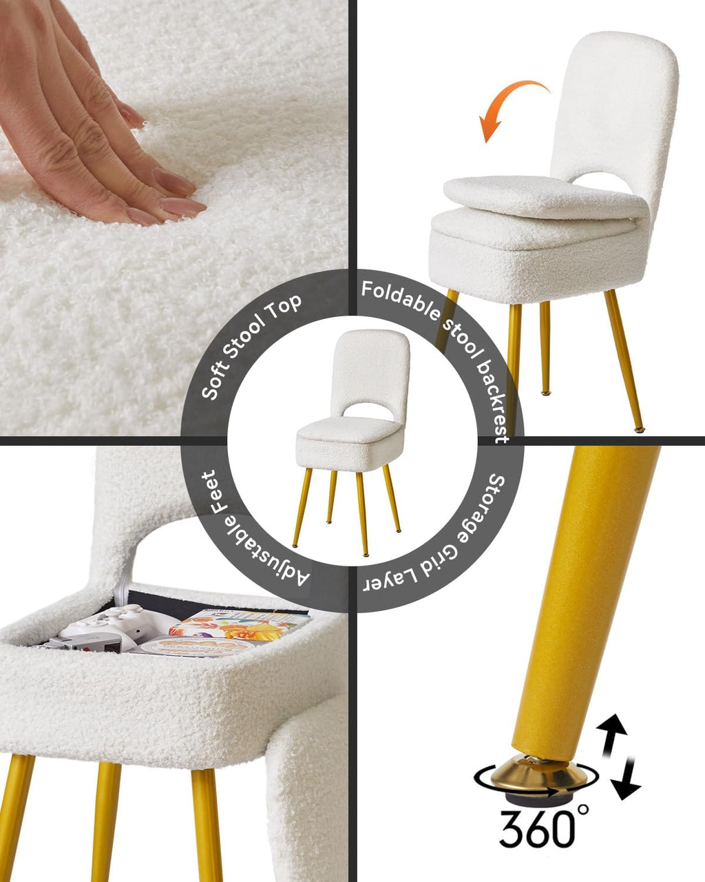 IBUYKE Small Storage Vanity Stool with Folding Backrest, 12.99" x 13.78" x 31.5" Square Teddy Velvet Ottoman, Makeup Chair for Living Room, 4 Metal Legs with Anti-Slip Feet, White WBD027W