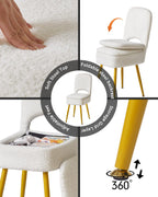 IBUYKE Small Storage Vanity Stool with Folding Backrest, 12.99" x 13.78" x 31.5" Square Teddy Velvet Ottoman, Makeup Chair for Living Room, 4 Metal Legs with Anti-Slip Feet, White WBD027W