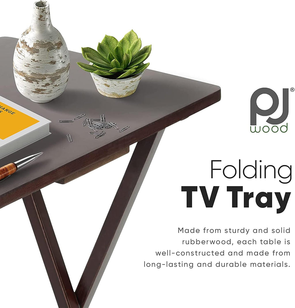 PJ Wood Espresso - 5-Piece TV Tray Table Set - Folding with Storage Rack | Solid Rubberwood, 19.09 x 14.57 x 26 in Each, 3 in Thick Collapsed, 40 lb Capacity, 5 Units, Indoor Use