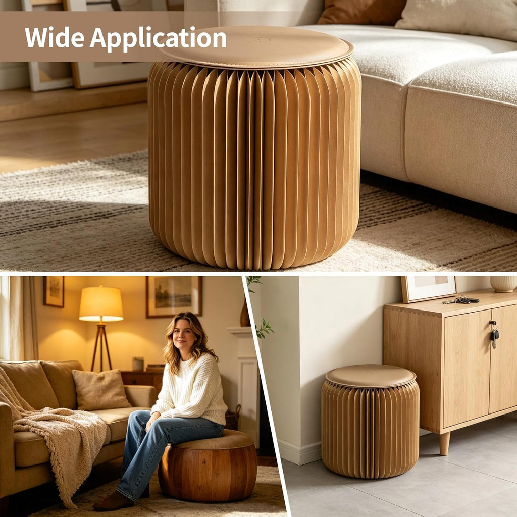 Paper Folding Stool, 12 Inch Kraft Paper Honeycomb Design Stool, 661 Lbs Load Capacity Modern Minimalist Round Seat with PU Cushion for Bedroom, Living Room, Office