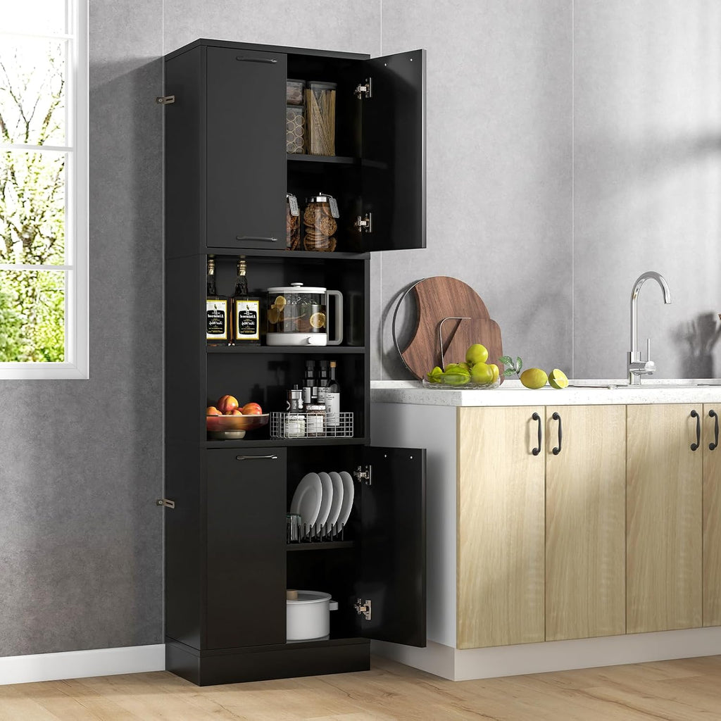 Kitchen Pantry Cabinet, Dining Room Cupboard with 4 Doors & 2 Open Countertop, 4 Anti-Tipping Devices, 75”Tall Bathroom Cabinets (Black)